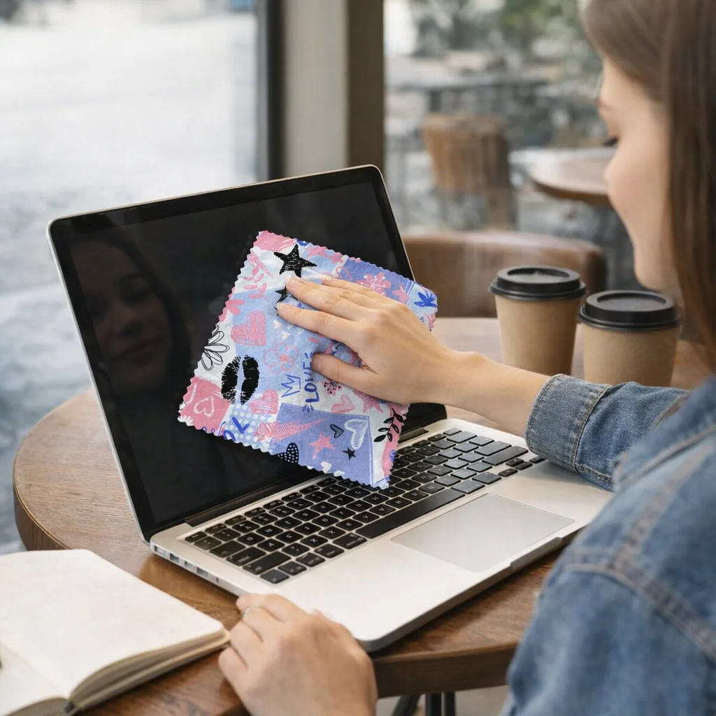 Person cleans laptop screen with Rpet Microfibre Clothes at café table with coffee cups.
