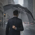 Man in suit holds a Titleist Umbrella on a rainy city street.