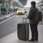 Man with Flex Earth Suitcases Medium and backpack waits for a taxi outside an airport terminal.