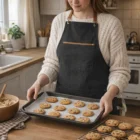 Person in a Keepsake Canvas Apron holding a tray of cookies in a cozy kitchen.