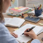 Person studying at a desk with books, papers, and Parker Sonnet Lacquer Black CT pens.