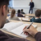 Student taking notes with a Parker Jotter Brushed Stainless CT Ballpoint Pen in class.