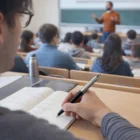 Student taking notes in a college lecture hall with a Parker Jotter Black CT Ballpoint Pen.