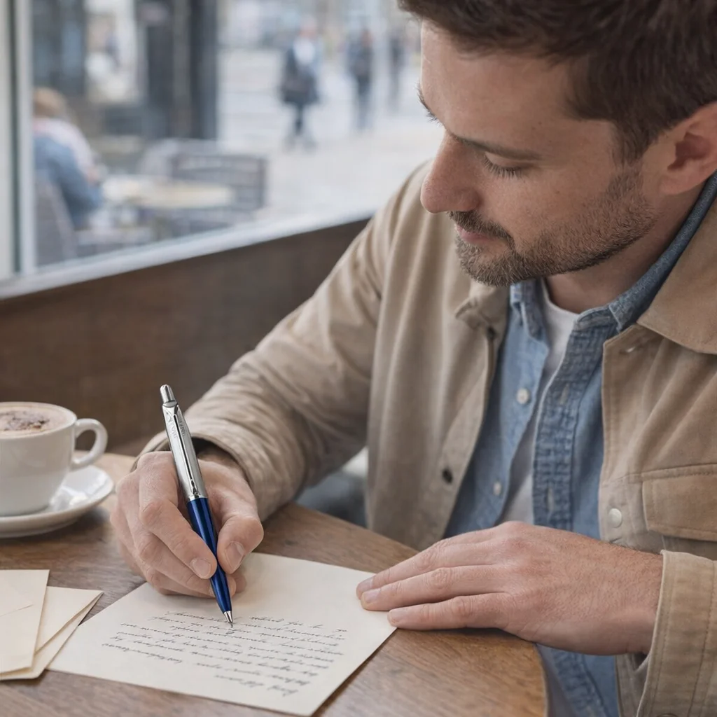 Man writing a letter at a café with his Parker Pen Jotter Metal Royal Blue and coffee.