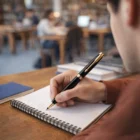A student writes in a notebook with a Lacquer Black Gt Rollerball Parker IM Metal Pen at the library.