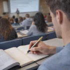 Student taking notes with a Parker IM Brushed Stainless GT Ballpoint Pen in a lecture hall.