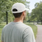 Man in a 6 Panel Corduroy Cap and light shirt walking on a park path, trees behind him.