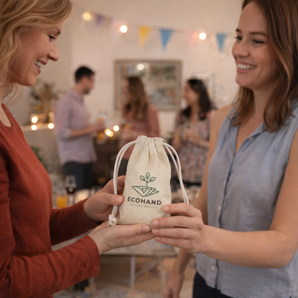Two women smile as one hands a Winslow Cotton Gift Bags Small to the other.