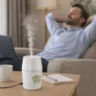A man relaxes by a Usb Aroma Diffuser steaming on the coffee table.