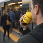 Person holding a yellow Reid Cups Tritan 340Ml coffee cup near a crowded train entrance.