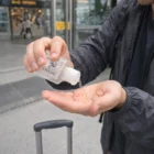 Using Caliope Hand Sanitisers Gels 60ml outdoors with suitcase for travel safety.