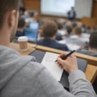 Student taking notes in lecture with Caspian Office Note Pads A6 - Lines On One Side and coffee.