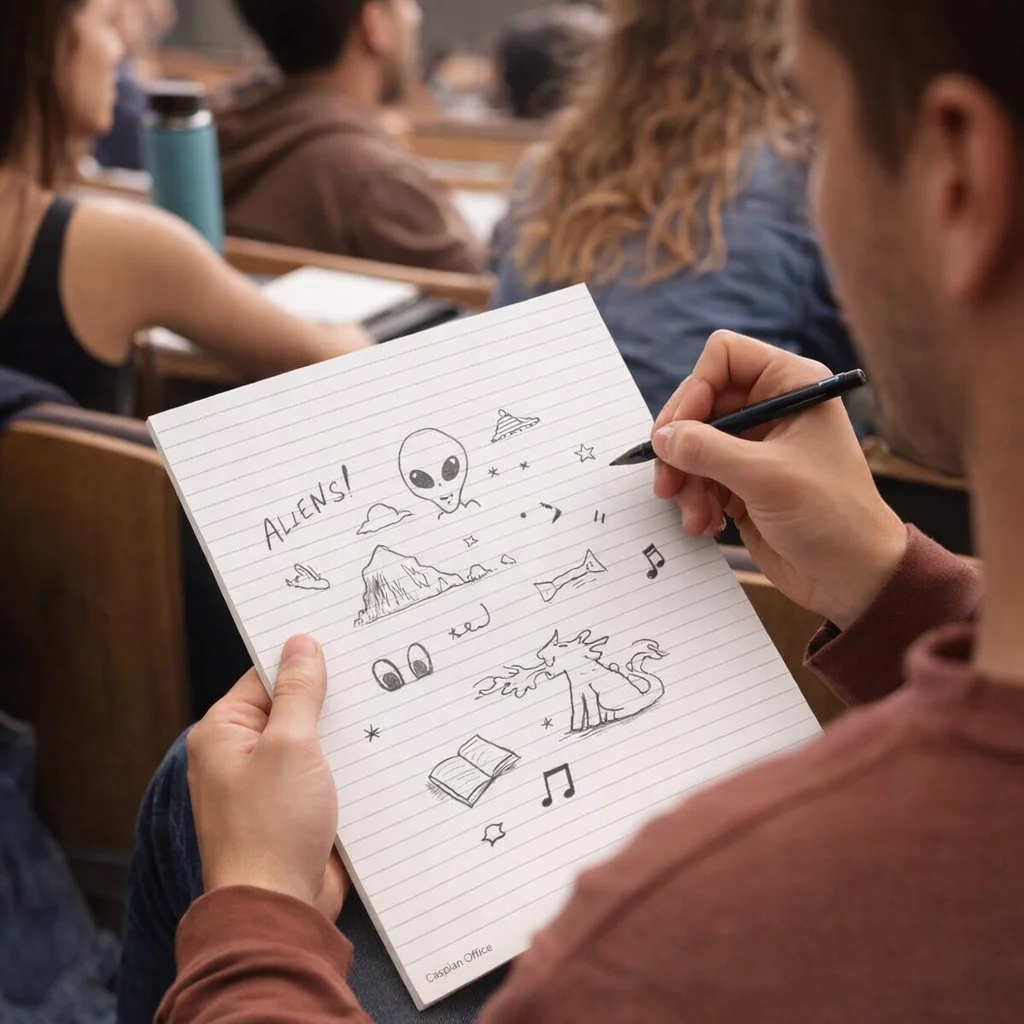 Students doodling on Caspian Office Note Pads A4 - Lines On One Side during class.