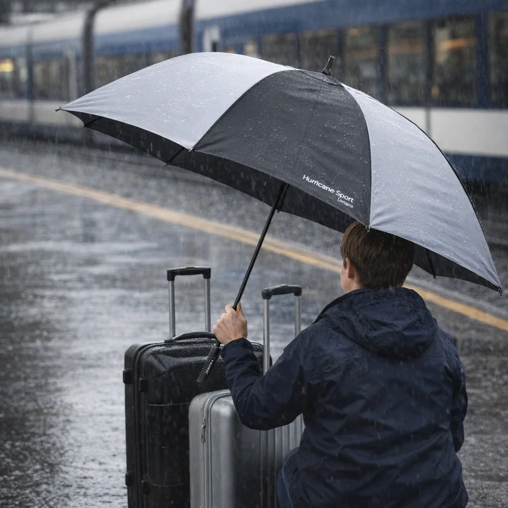 Person with suitcases sits under a Hurricane Sport Amara Umbrella at a rainy train platform.