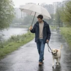 Man with a dog in the rain holding a Standard Golf Umbrella by a river and city buildings.