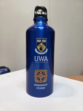 Blue water bottle with UWA logo and Indigenous Studies text—ideal for product comparison.