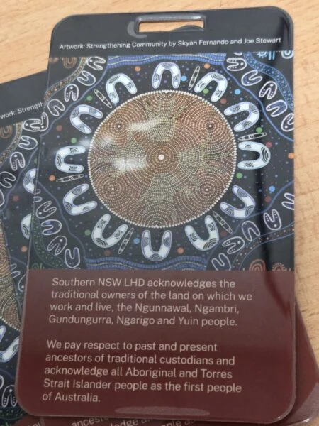 ID badge with Aboriginal art, ideal for event planning and acknowledging traditional land owners.