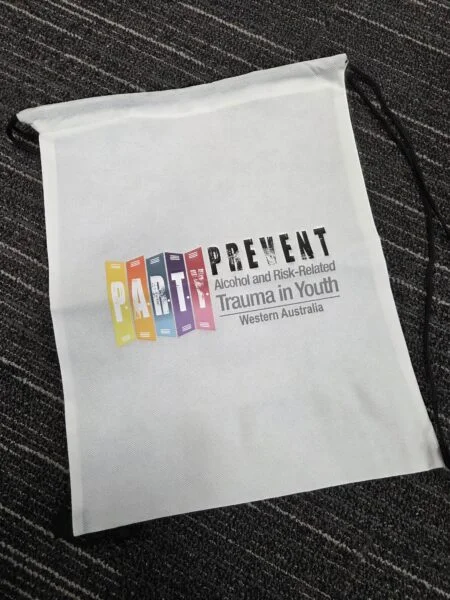 White drawstring bag with PARTY PREVENT logo—ask for client advice or similar products.