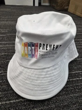 White bucket hat with colorful P.A.R.T.Y. logo—great for product comparison or advising clients.