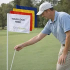 Man placing a Golf Flag with customizable logo reading CROPSCIENCE on a golf course.
