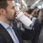 A man in a suit sips from an Altona Double Wall Cup on a busy train.