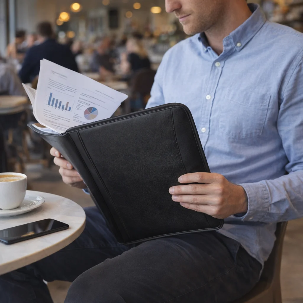 Man reviews The Presidential Portfolios at café, with coffee and phone on the table.