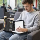 Man writing in a notebook with The New Yorker Portfolios case, seated in a lounge area.