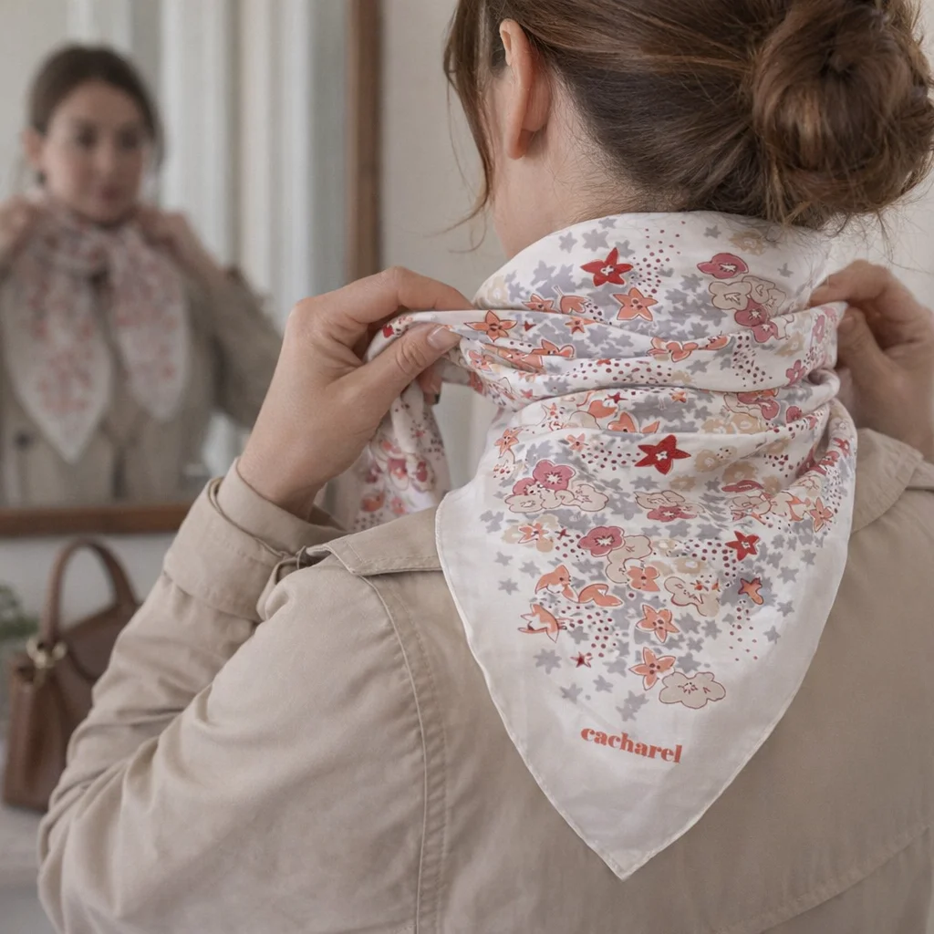 Woman ties a Celeste Fine-Silk Scarf around her neck, admiring herself in the mirror.