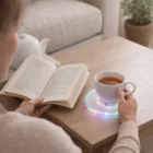 Reading with tea on a wooden table, using a Vitality Illumination Coaster.
