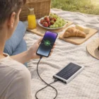 Picnic with fruit, pastries, and a phone charging via Solar Power Banks.
