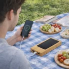 Enjoying a picnic, someone charges their phone with Premium Solar Power Banks on a checkered blanket.