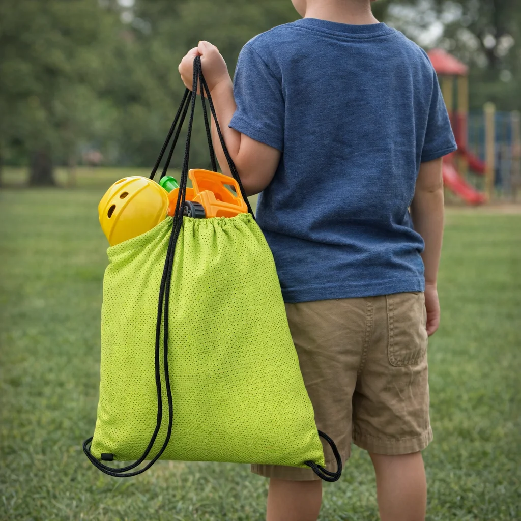Child holding a green Soft Drawstring Go Bag with toys, standing near a playground.