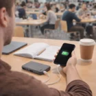 Someone charges their phone with Rpet Power Banks, next to a notebook and coffee cup.