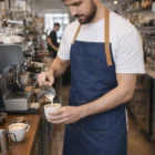 Barista in Heavy-Duty Quality Denim Aprons pours milk into coffee at a busy café counter.