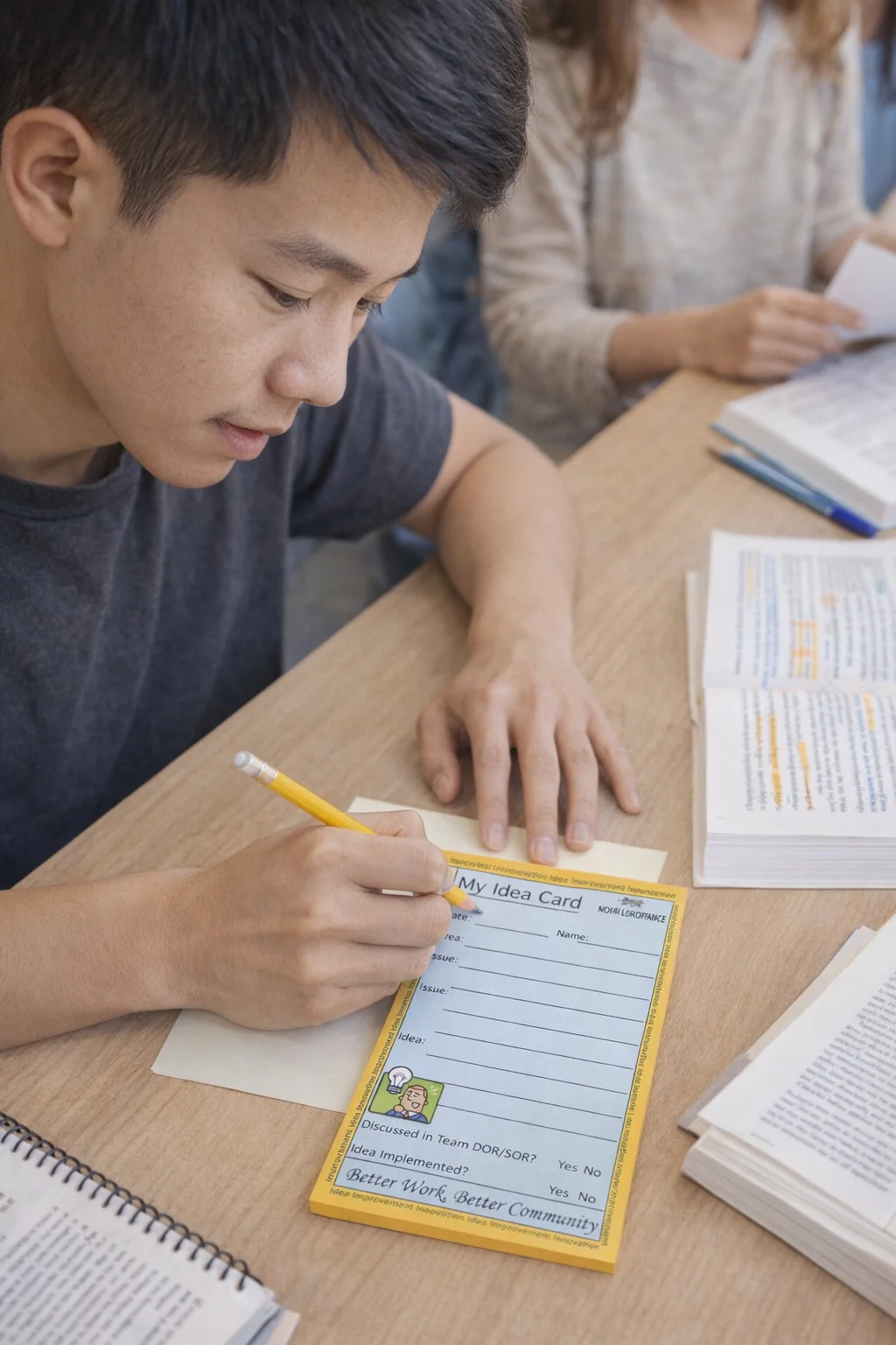 Student writing on Adhesive Note Pads 75Mm X 127Mm 2-4 Colour Print at a desk with books.