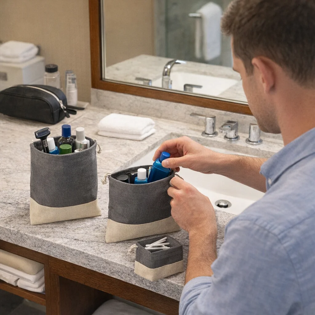 Man organizing toiletries in Griffith Recycled 3Pc Travel Pouches Sets on bathroom counter.