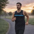 Man jogs at sunrise in Sunday Singlets—black sleeveless shirt and shorts.