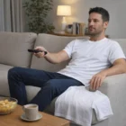 Man in Wo's Basic Tees sits on a couch, watching TV with snacks and coffee nearby.