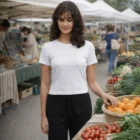 Woman in a Wo's Organic Rib Baby Tee stands by baskets of produce at a farmers market.
