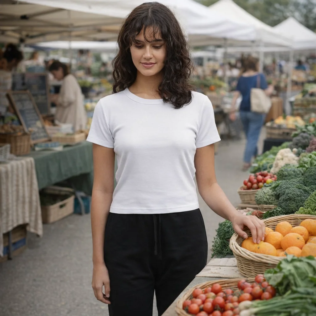 Woman in a Wo's Organic Rib Baby Tee stands by baskets of produce at a farmers market.