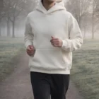 Person jogging in a park wearing a Wo's Box Hoodie on a misty path.