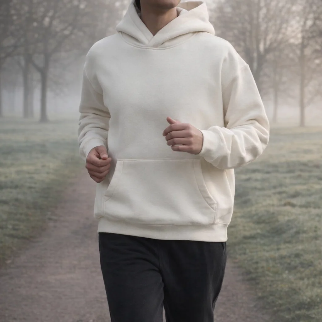 Person jogging in a park wearing a Wo's Box Hoodie on a misty path.