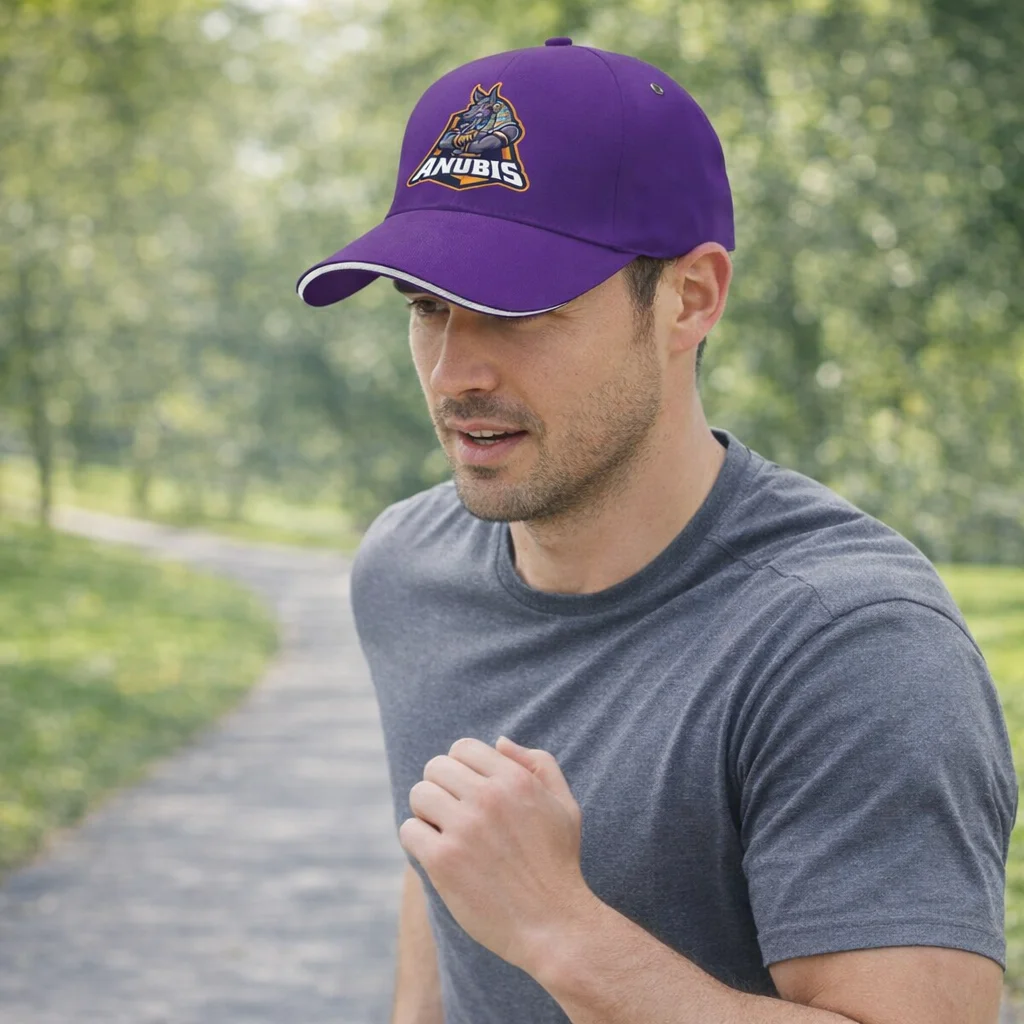 Man jogging in a park, sporting a purple Brimmed Peak Cap and gray t-shirt.