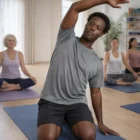 Man stretching arm in Staple Active Tee, with others seated on mats in background.