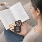 Woman reading a book holding three 50mm x 50mm x 3mm cello chocolates, one with your logo.