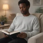 Man wrapped in a Premium Crewss reads in a cozy, softly lit living room.