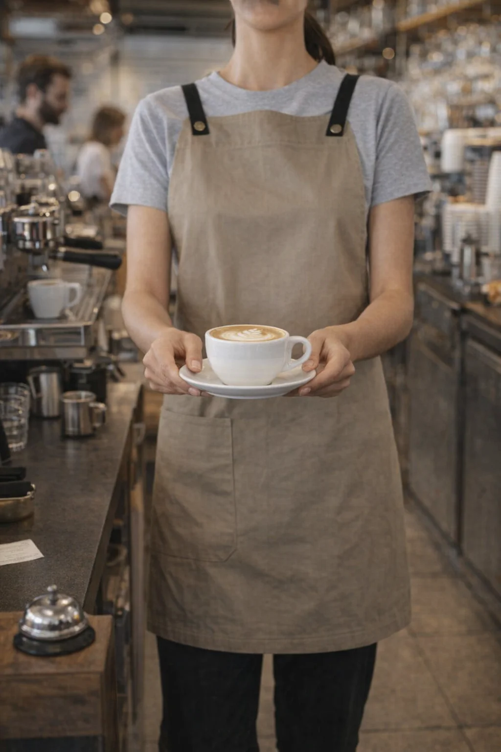 Barista wearing Canvas Bib Aprons holds a cappuccino in a coffee shop.