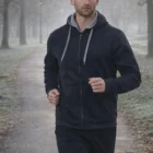 Man jogging on a park path in Men's Contrast Fleece Hoodies With Zip, trees and fog behind.