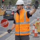 Worker in Oxford 3 In 1 Safety Jacket holds stop sign and signals traffic to stop.