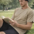 Man on grass in park, wearing Shoulder Panelling Tee and beanie, reading a book.